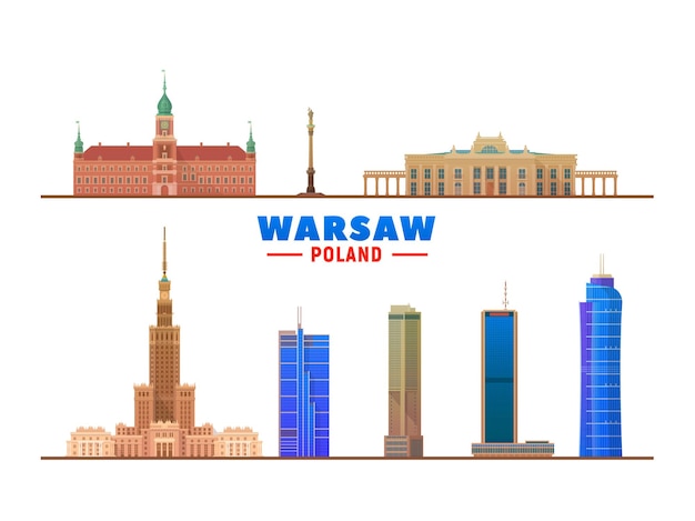 Warsaw Poland main landmarks in white background Vector Illustration Business travel and tourism concept with modern buildings Image for banner or web site