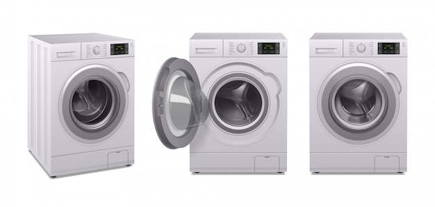 Washing machine realistic icon set three product of household appliances in different position 