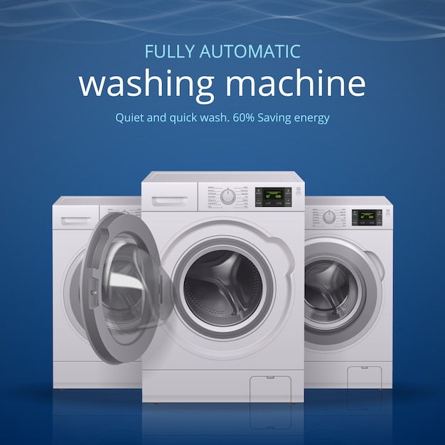 Washing machine realistic poster with quiet and quick wash symbols  illustration