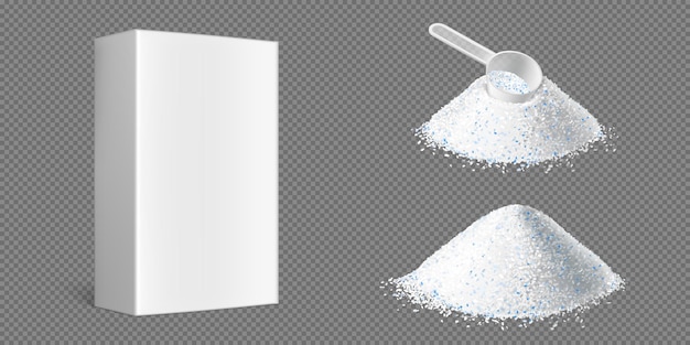 Free Vector washing powder piles with measuring scoop and white box isolated on transparent background. vector realistic set of white detergent heaps with blue particles and blank cardboard pack