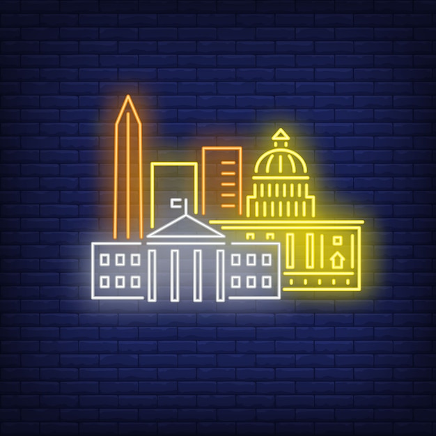 Free vector washington dc buildings neon sign. attraction, tourism, travel.