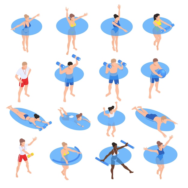 Free Vector water aerobic aquatic fitness workout isometric icons set with people training in swimming pool isolated vector illustration