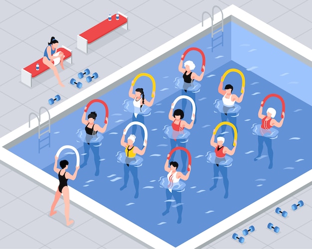 Water aerobics class women group during exercises with equipment in pool isometric illustration