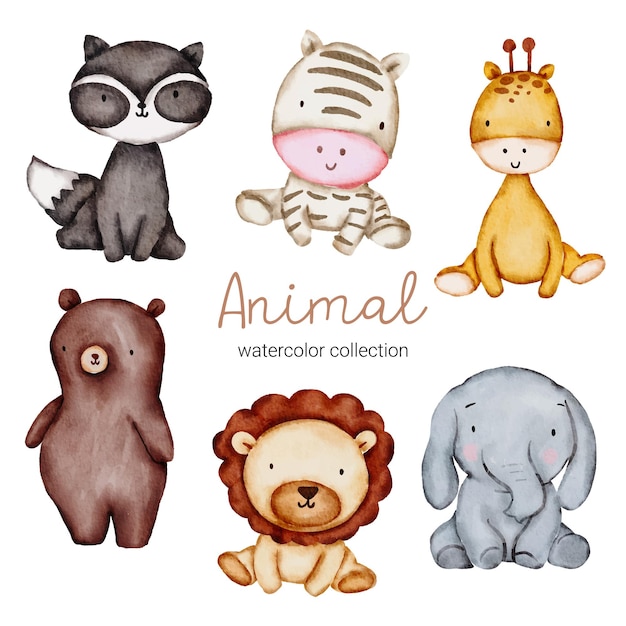 Free Vector water color cartoon animal set for stickers and emoji avatars of tropical and forest characters isolated on white background. cute animals raccon, elephant, lion, bear, zebra, giraffe character