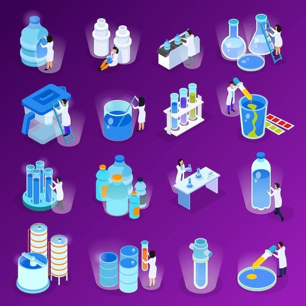 Free vector water purification isometric and flat icon set with scientists work at the laboratory illustration