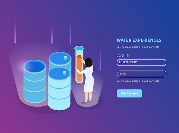 Free Vector water purification isometric landing page for website with registration form and water experiences description illustration