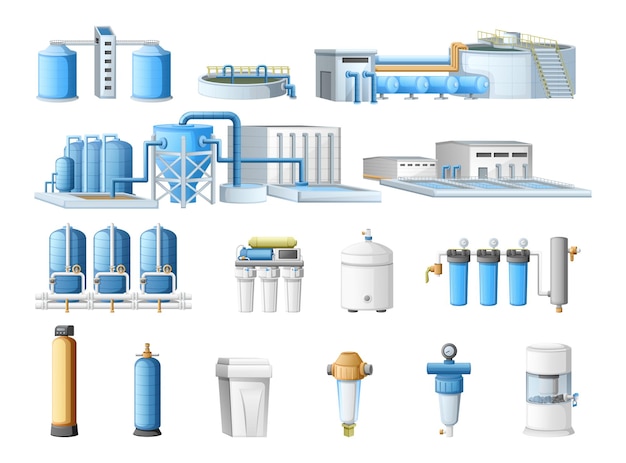 Free Vector water purification technology cartoon set with cleaning filtration industrial and household equipment isolated vector illustration