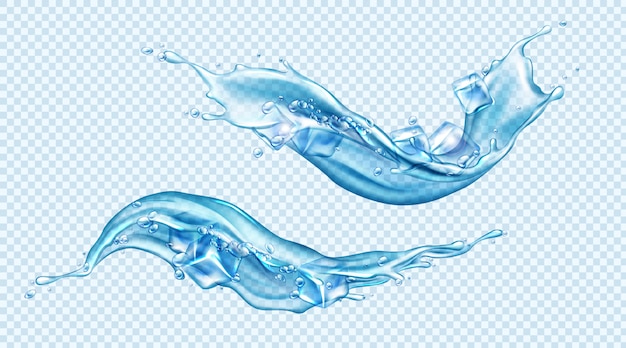 Water splash with ice cubes set isolated clip art