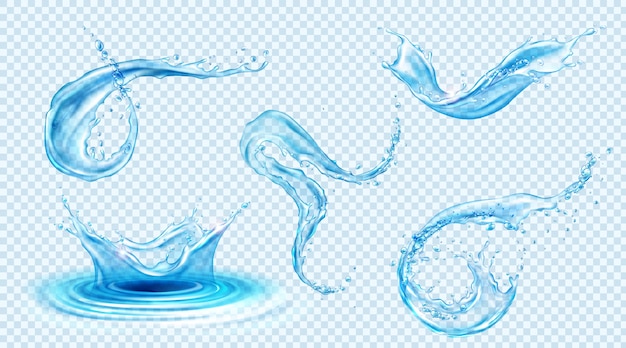 Free vector water splashes, blue liquid waves with swirls and drops. realistic set of flowing and falling clear pure aqua, fluid splashing isolated on transparent background