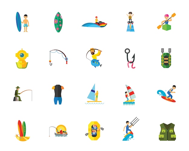 Water sport athletes icon set