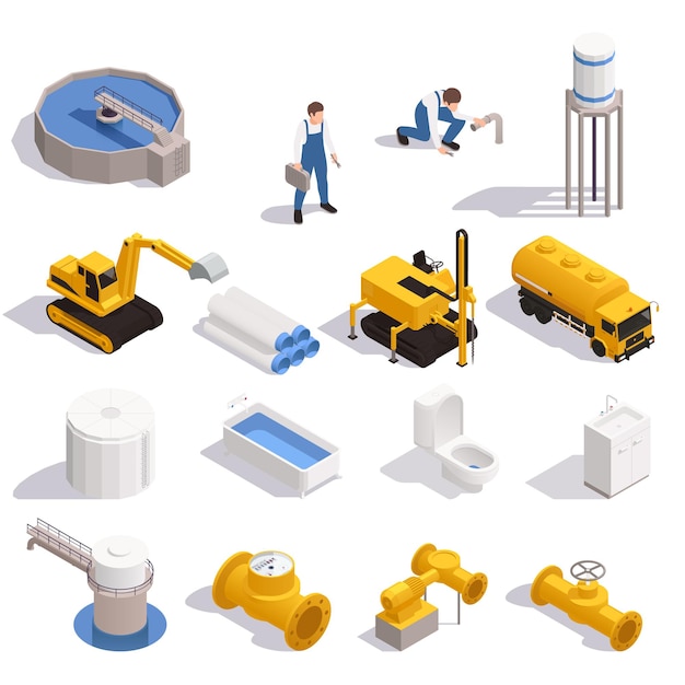 Free Vector water supply isometric set with purification reservoir pipeline digger excavator tower bathtub toilet sink plumber vector illustration