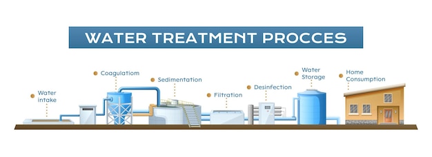 Free vector water treatment cleaning purification composition with horizontal diagram of industrial facilities with pointers and text captions vector illustration