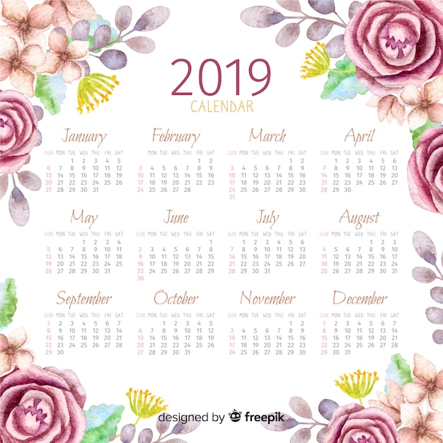 Watercolor 2019 calendar 