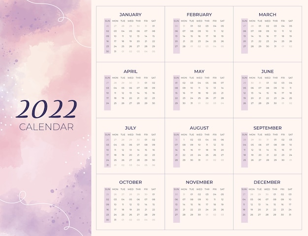 Free Vector watercolor 2022 calendar template