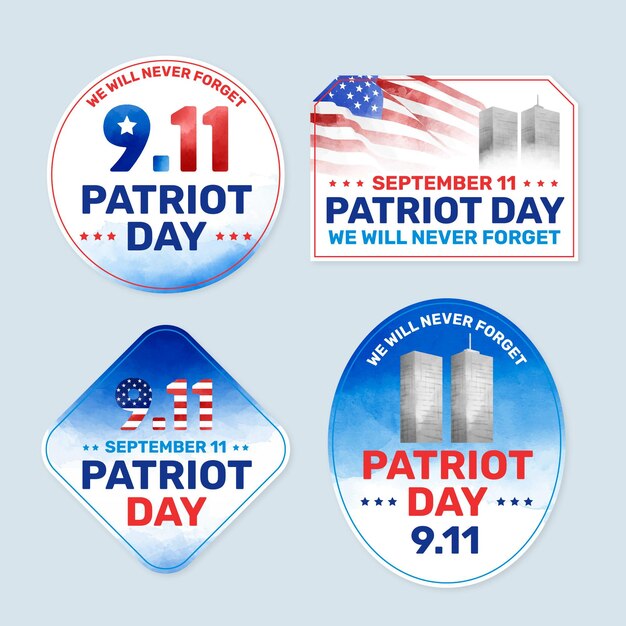 Watercolor 9.11 patriot day badges collection