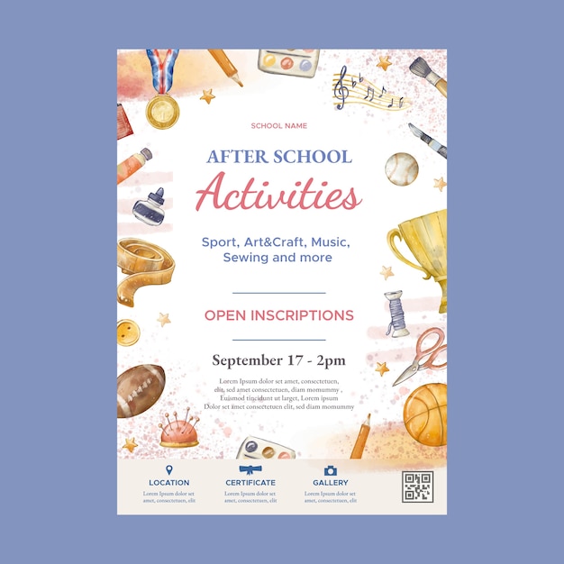 Free Vector watercolor after school activities vertical poster template