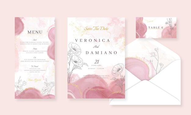 Watercolor alcohol ink wedding stationery collection