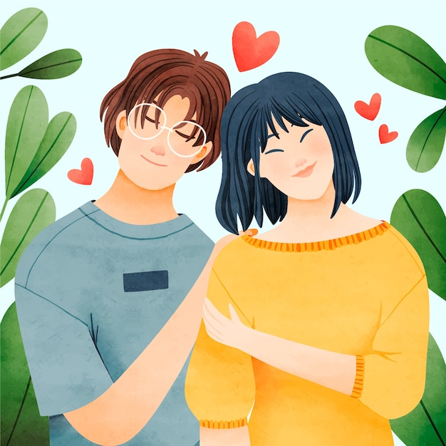 Free Vector watercolor asian couple illustration