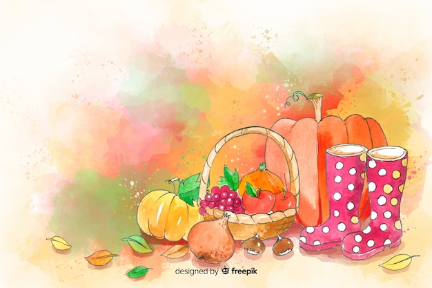 Free Vector watercolor autumn and food and leaves background