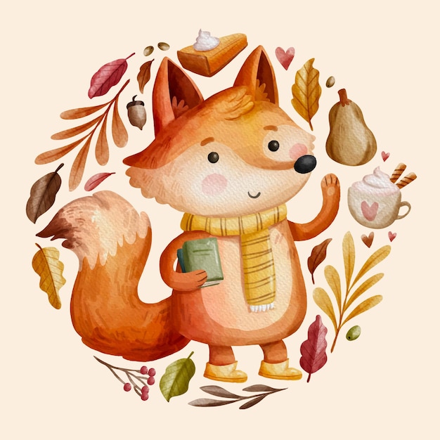 Watercolor autumn illustration with fox