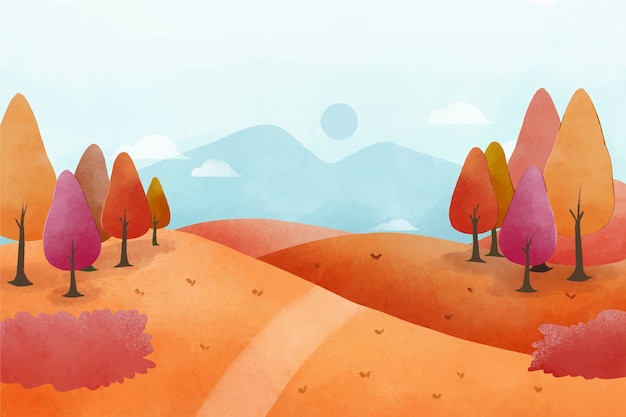 Free vector watercolor autumn landscape with hills