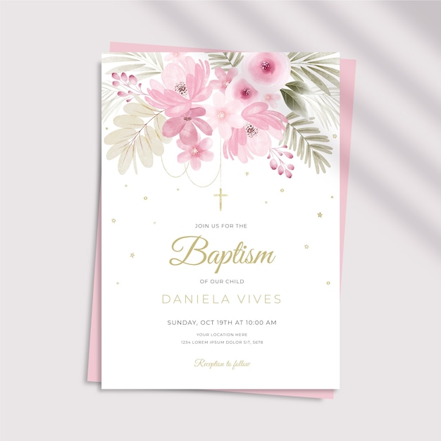 Watercolor baby girl baptism family invitation template