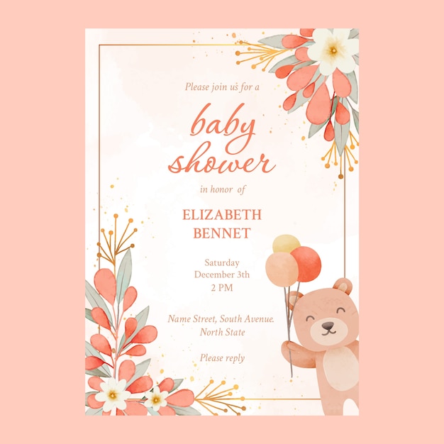 Free vector watercolor baby shower invitation with cute bear