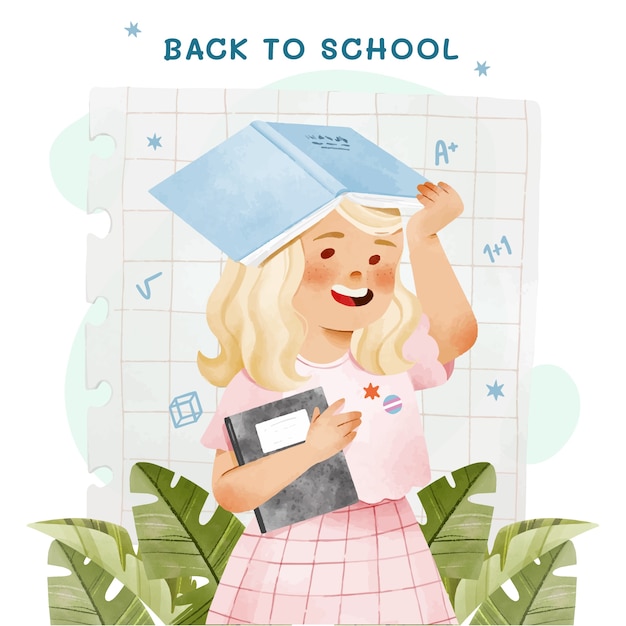 Free Vector watercolor back to school illustration with student and book