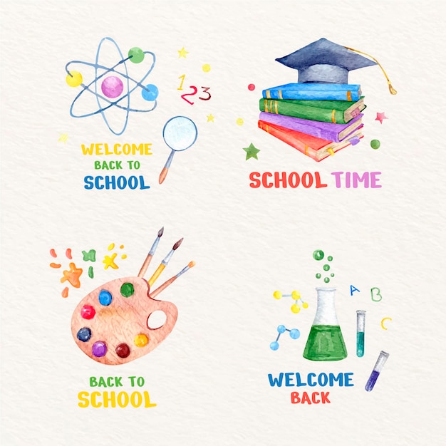 Watercolor back to school labels collection