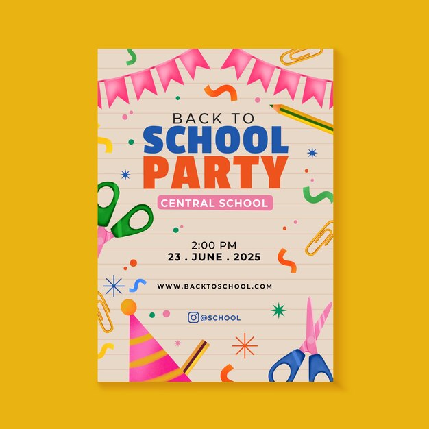 Watercolor back to school party poster template with bunting and school supplies