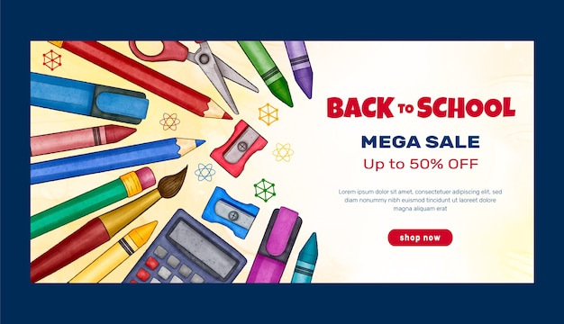 Free Vector watercolor back to school sale horizontal banner template with supplies