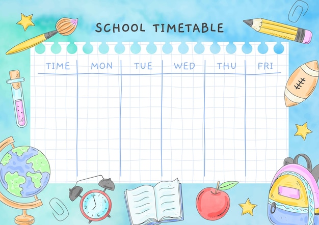 Watercolor back to school timetable template