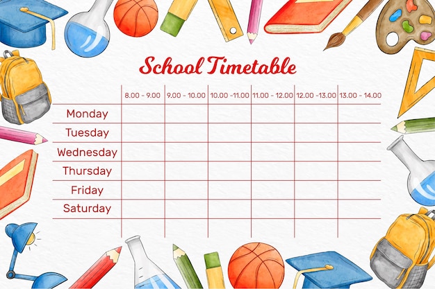 Watercolor back to school timetable