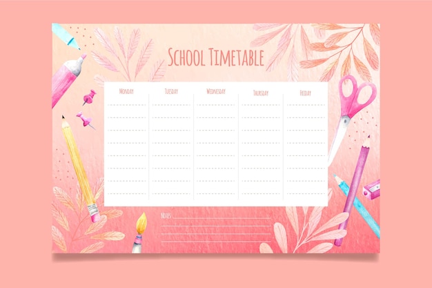 Watercolor back to school timetable