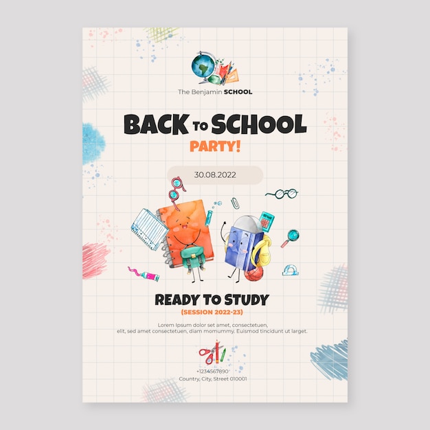 Watercolor back to school vertical poster template