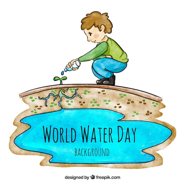 Free Vector watercolor background of child watering a plant