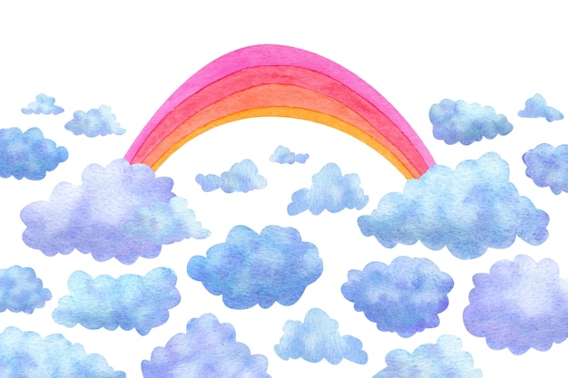 Watercolor background with clouds and rainbow