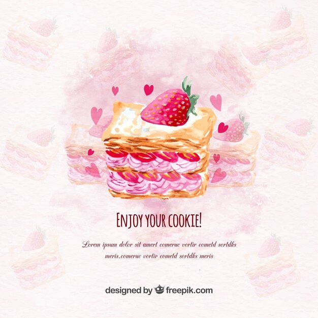 Watercolor background with delicious strawberry cake