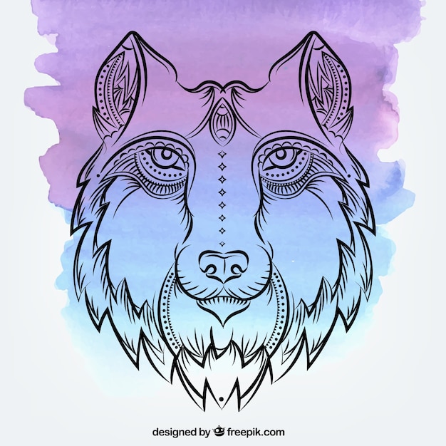 Free Vector watercolor background with hand drawn wolf 