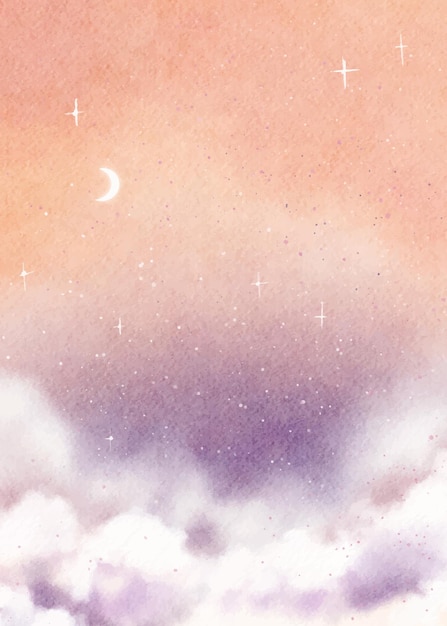 Free vector watercolor background with a sky with clouds and stars