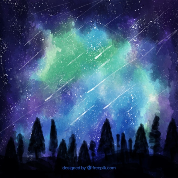 Watercolor background with trees and starry sky