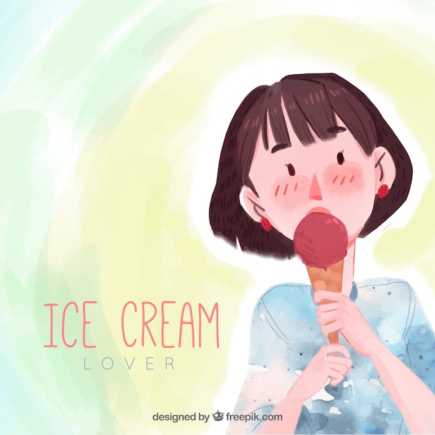 Free Vector watercolor background with woman taking ice cream