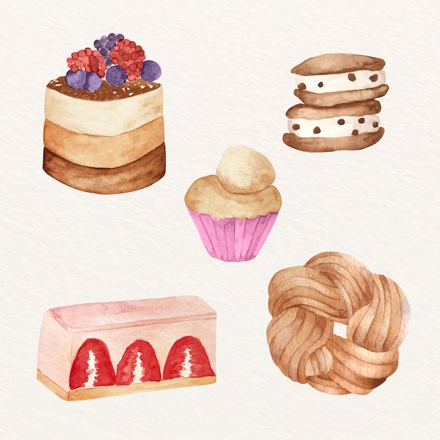 Free Vector watercolor bakery elements collection