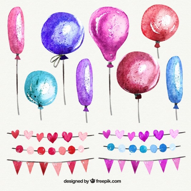 Free vector watercolor balloons and garlands in pink tones