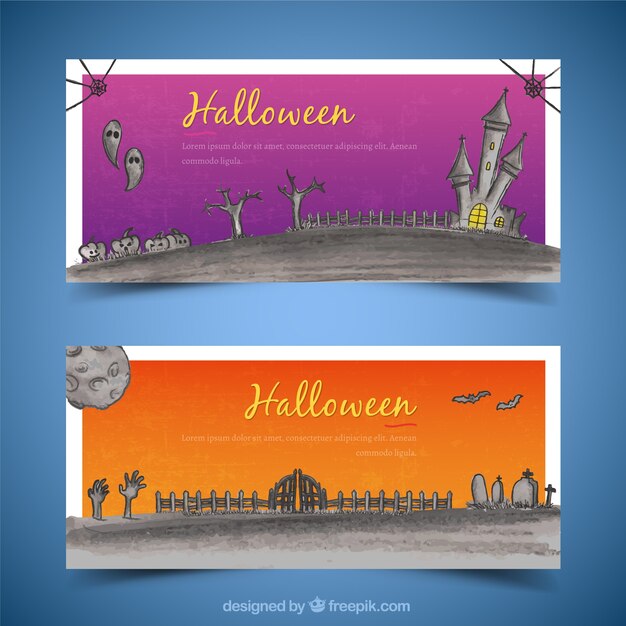 Watercolor banners with a cemetery and a castle