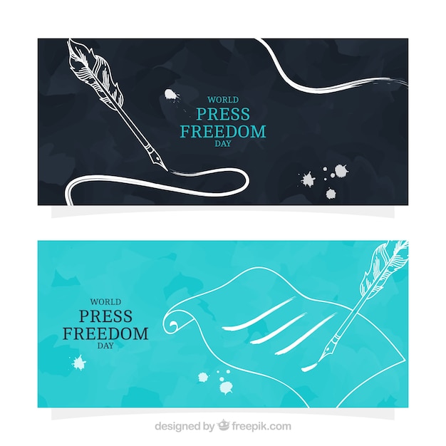 Watercolor banners with press freedom drawings