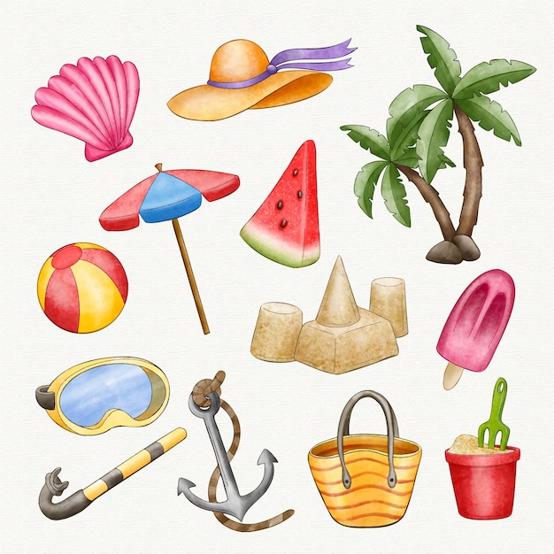 Free Vector watercolor beach elements collection