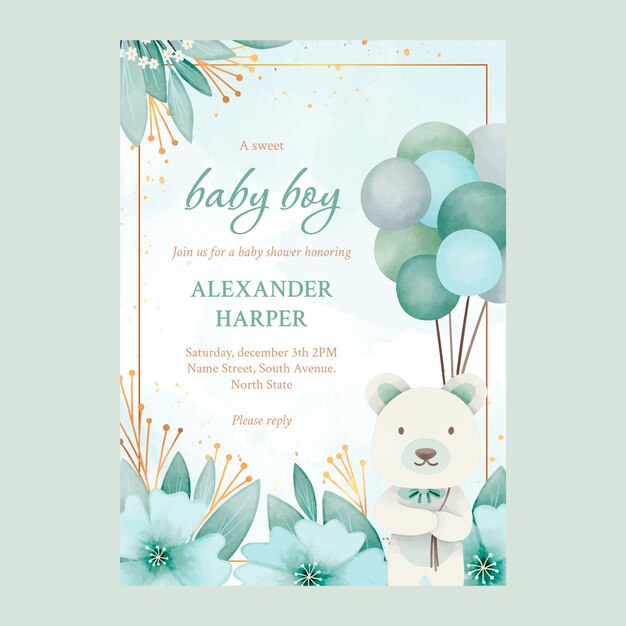 Watercolor bear baby shower invitation