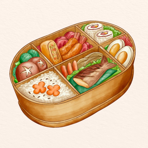 Watercolor bento box with delicious goodies