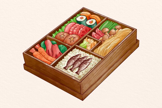 Watercolor bento box with delicious goodies